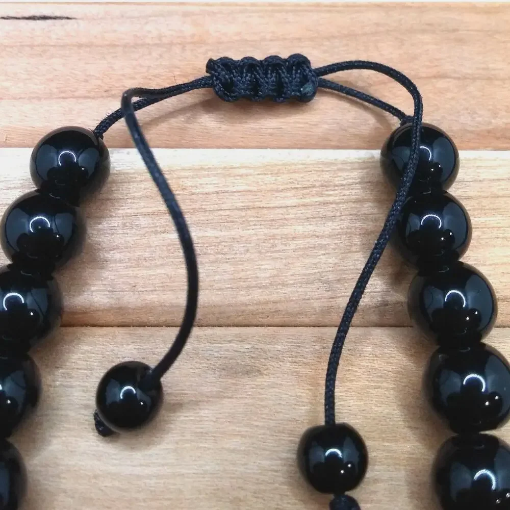Black Obsidian Gemstone Bracelet Adjustable Macrame Sliding Knot Unisex Boho NEW